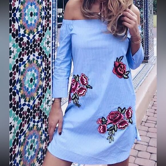 ZARA Dress Embroidered Off Shoulder Poplin Mini Dress • BLOGGER FAVORITE • - Picture 2 of 12